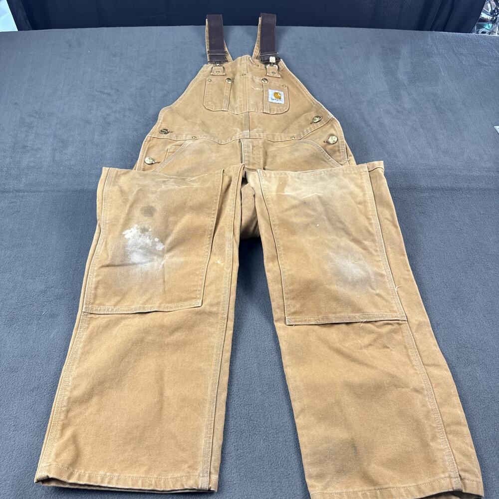 Carhartt R01 BRN Bib Overalls 34x32 Double Knee Distressed Duck Canvas